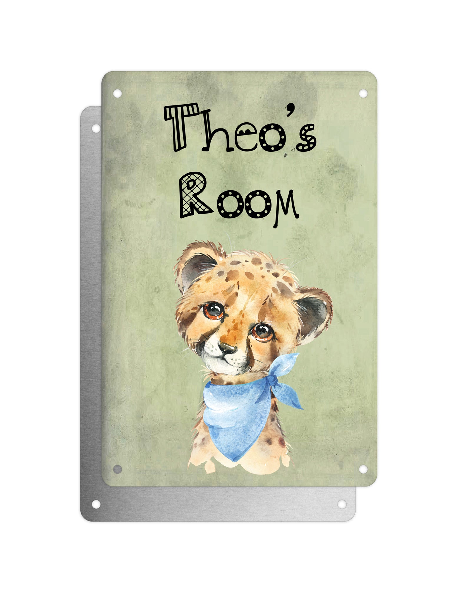 Cute Animal Personalised Name Plaque – Baby Cheetah With Blue Neck Tie | Vintage-Style Green Aluminium Sign for Kids’ Room