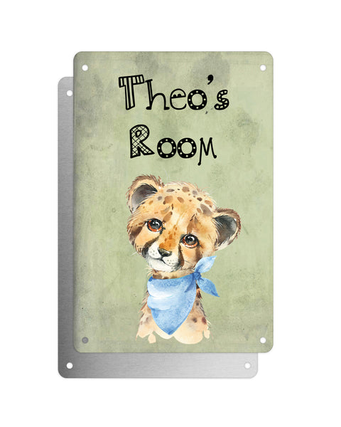 Cute Animal Personalised Name Plaque – Baby Cheetah With Blue Neck Tie | Vintage-Style Green Aluminium Sign for Kids’ Room