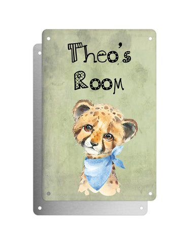 Cute Animal Personalised Name Plaque – Baby Cheetah With Blue Neck Tie | Vintage-Style Green Aluminium Sign for Kids’ Room