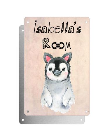 Cute Animal Personalised Name Plaque – Baby Penguin With Cat Ears | Vintage-Style Aluminium Sign for Kids’ Room