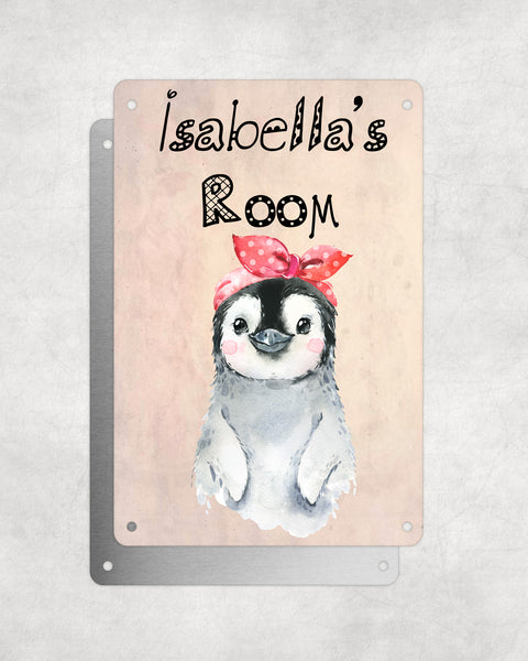Cute Animal Personalised Name Plaque – Baby Penguin With Head Tie | Vintage-Style Aluminium Sign for Kids’ Room