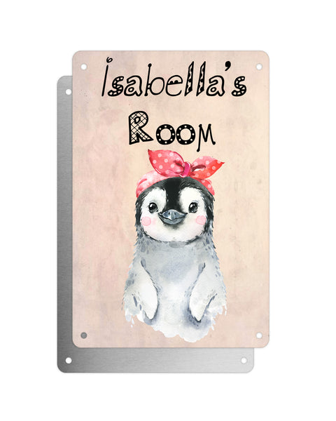 Cute Animal Personalised Name Plaque – Baby Penguin With Head Tie | Vintage-Style Aluminium Sign for Kids’ Room