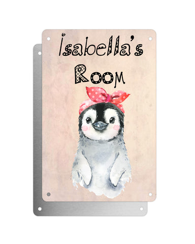 Cute Animal Personalised Name Plaque – Baby Penguin With Head Tie | Vintage-Style Aluminium Sign for Kids’ Room