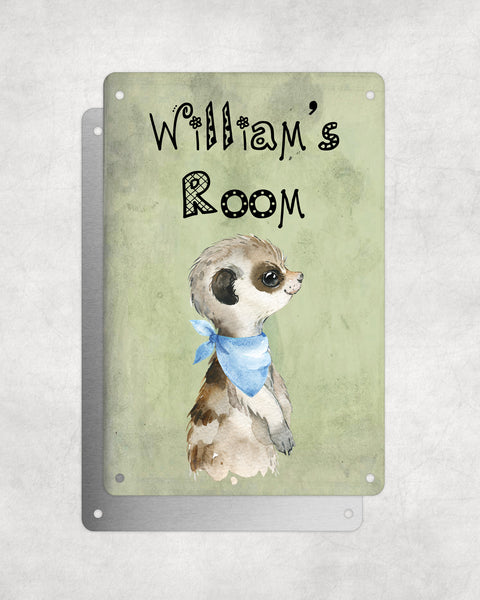 Cute Animal Personalised Name Plaque – Baby Meerkat Sideview With Blue Neck Tie | Vintage-Style Green Aluminium Sign for Kids’ Room