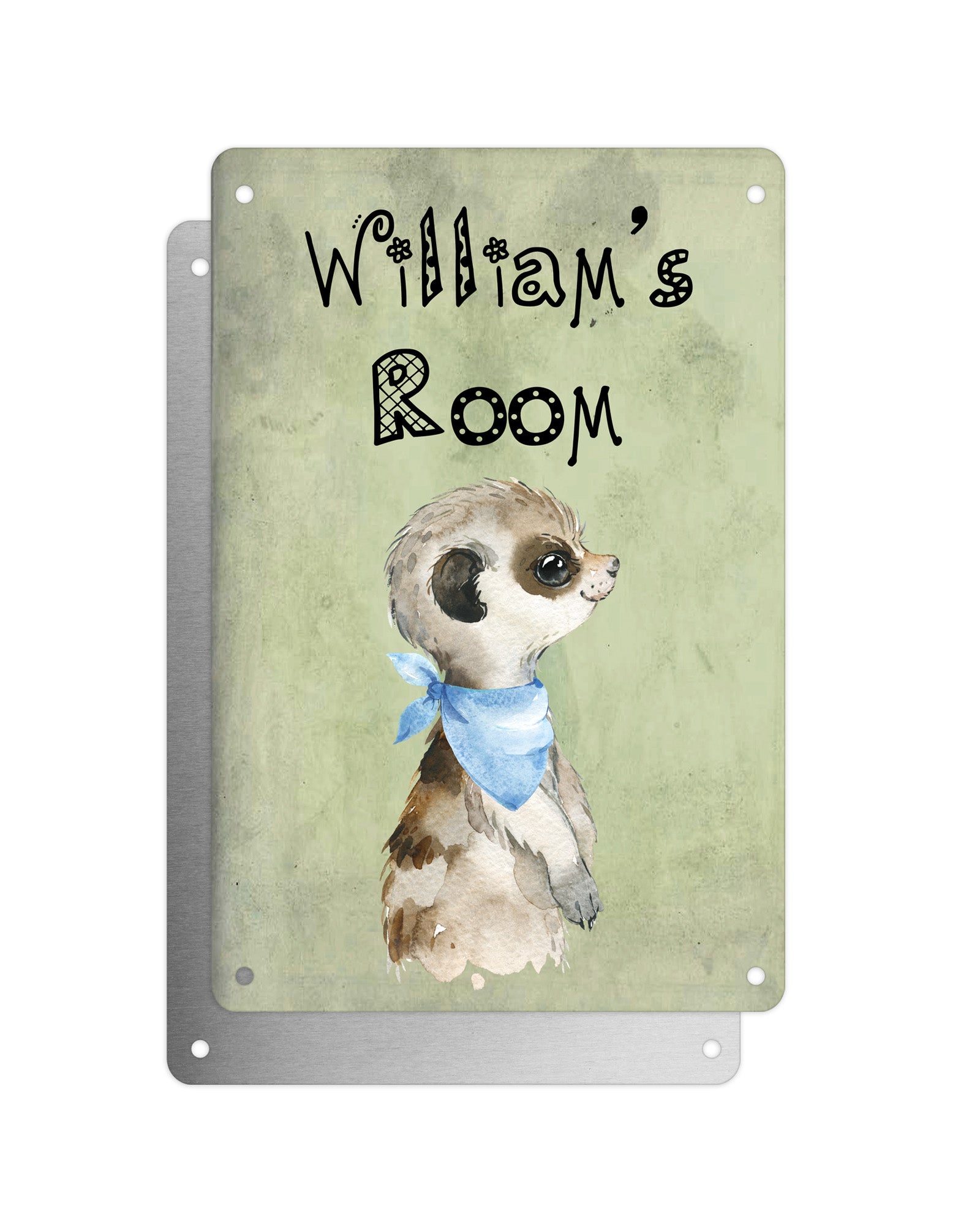 Cute Animal Personalised Name Plaque – Baby Meerkat Sideview With Blue Neck Tie | Vintage-Style Green Aluminium Sign for Kids’ Room