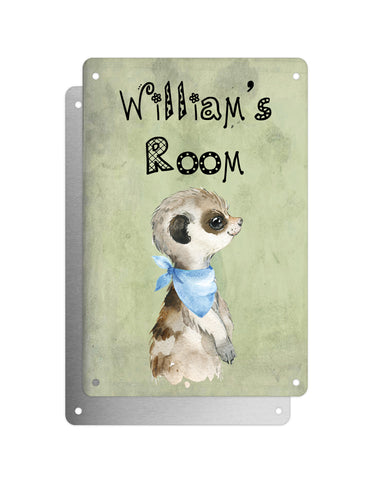Cute Animal Personalised Name Plaque – Baby Meerkat Sideview With Blue Neck Tie | Vintage-Style Green Aluminium Sign for Kids’ Room