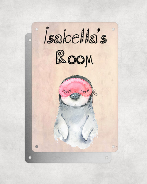 Cute Animal Personalised Name Plaque – Baby Penguin With Sleep Mask | Vintage-Style Aluminium Sign for Kids’ Room