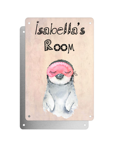 Cute Animal Personalised Name Plaque – Baby Penguin With Sleep Mask | Vintage-Style Aluminium Sign for Kids’ Room