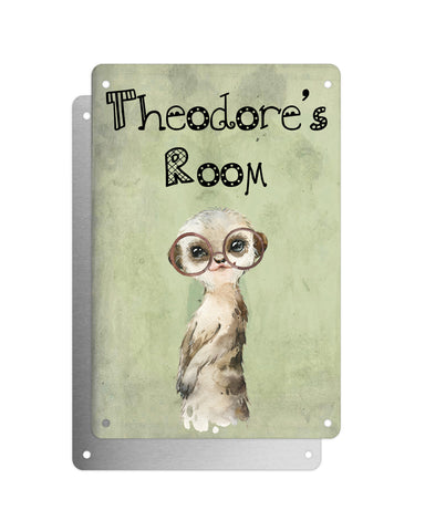 Cute Animal Personalised Name Plaque – Baby Meerkat With Brown Glasses | Vintage-Style Green Aluminium Sign for Kids’ Room
