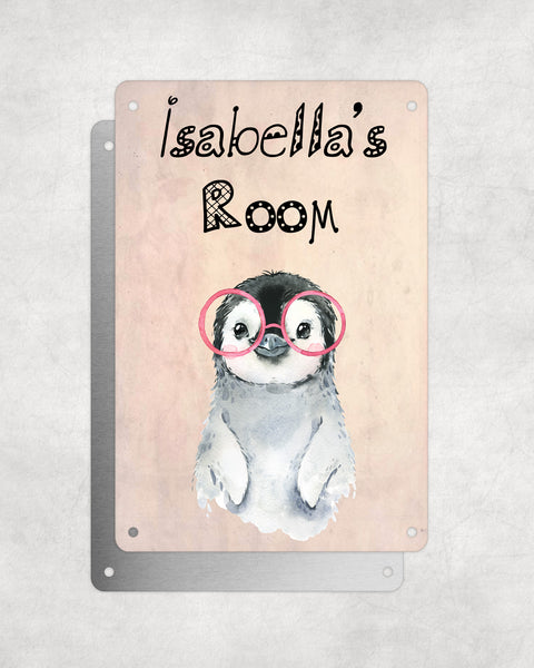 Cute Animal Personalised Name Plaque – Baby Penguin With Pink Glasses | Vintage-Style Aluminium Sign for Kids’ Room