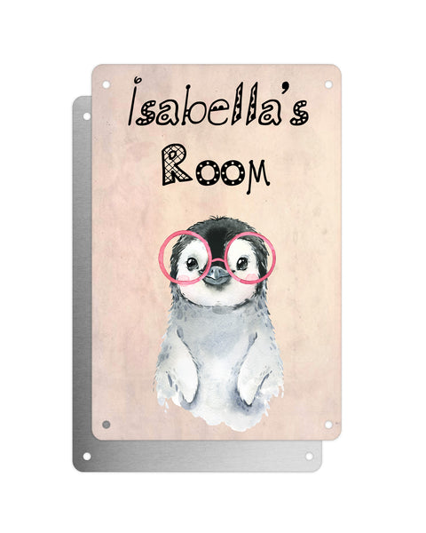 Cute Animal Personalised Name Plaque – Baby Penguin With Pink Glasses | Vintage-Style Aluminium Sign for Kids’ Room