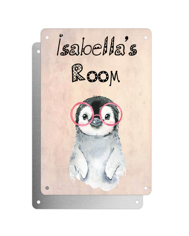Cute Animal Personalised Name Plaque – Baby Penguin With Pink Glasses | Vintage-Style Aluminium Sign for Kids’ Room