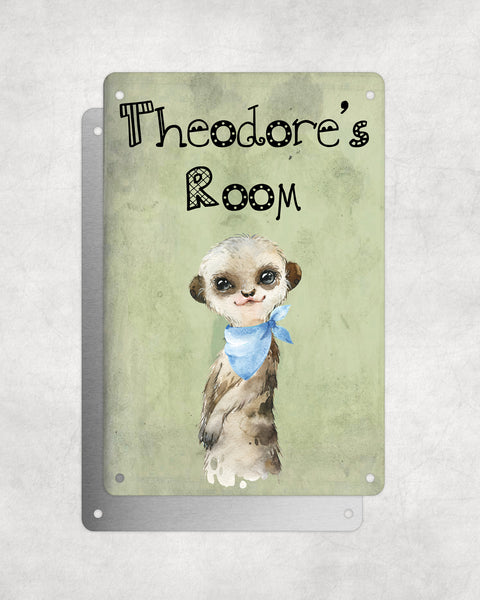 Cute Animal Personalised Name Plaque – Baby Meerkat With Blue Neck Tie | Vintage-Style Green Aluminium Sign for Kids’ Room