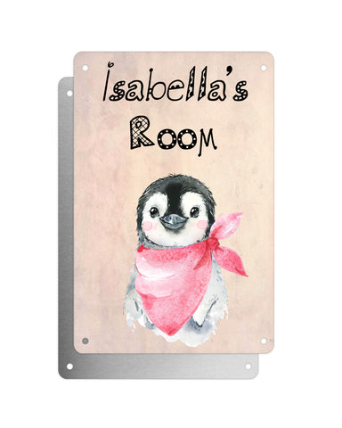 Cute Animal Personalised Name Plaque – Baby Penguin With Pink Neck Tie | Vintage-Style Aluminium Sign for Kids’ Room