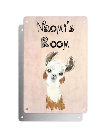 Cute Animal Personalised Name Plaque – Funny Llama Big Ears | Vintage-Style Aluminium Sign for Kids’ Room