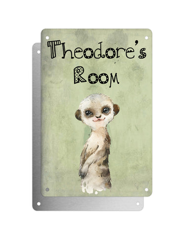 Cute Animal Personalised Name Plaque – Baby Meerkat | Vintage-Style Green Aluminium Sign for Kids’ Room