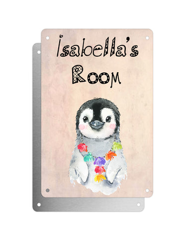 Cute Animal Personalised Name Plaque – Baby Penguin With Hawaiian Lei | Vintage-Style Aluminium Sign for Kids’ Room