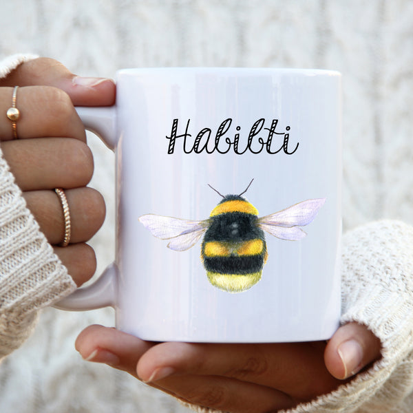 Habibti, Sentimental Wedding Birthday Gift with Watercolour Bee Design, Arabic Personalised Mug
