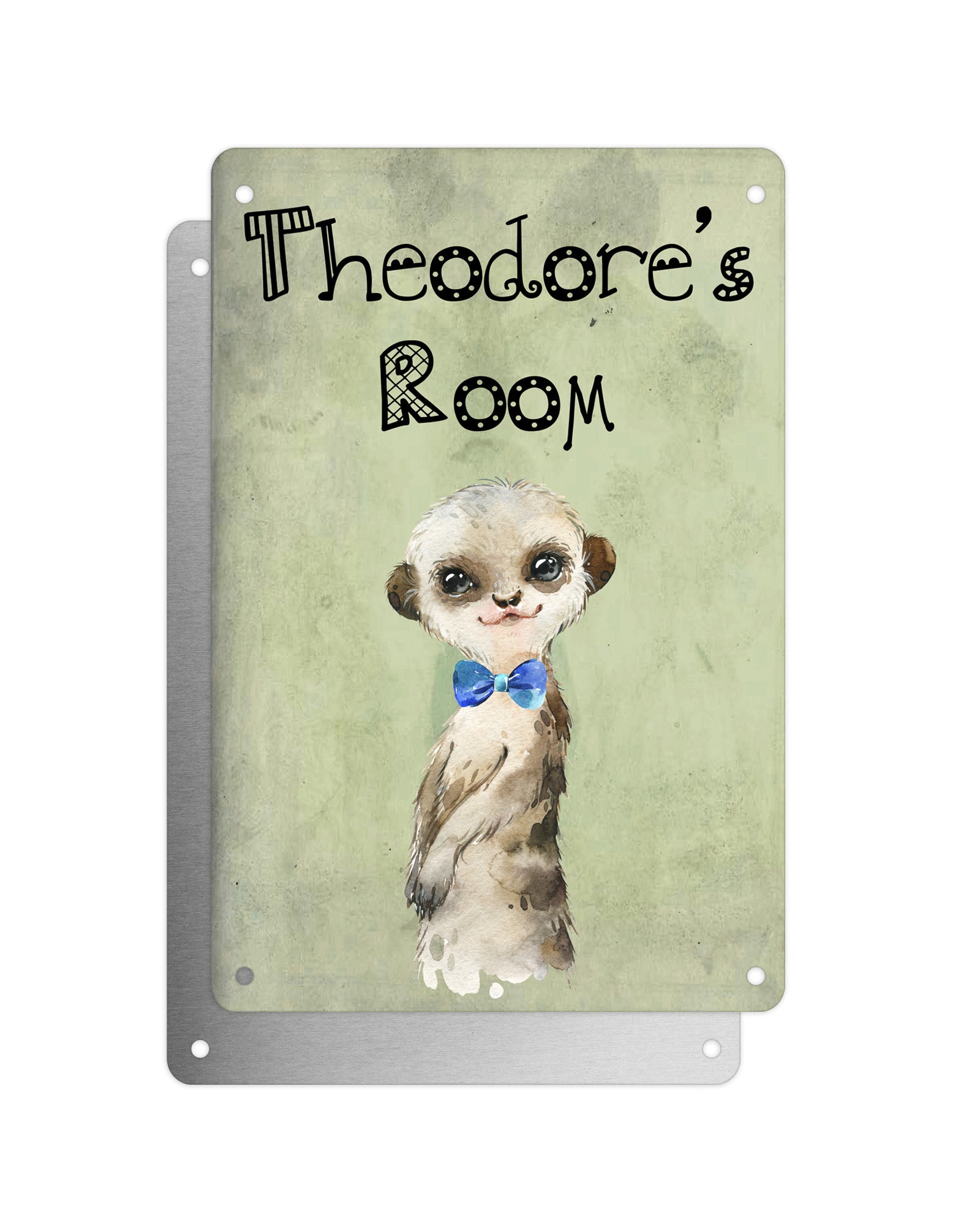 Cute Animal Personalised Name Plaque – Baby Meerkat With Blue Bow Tie | Vintage-Style Green Aluminium Sign for Kids’ Room