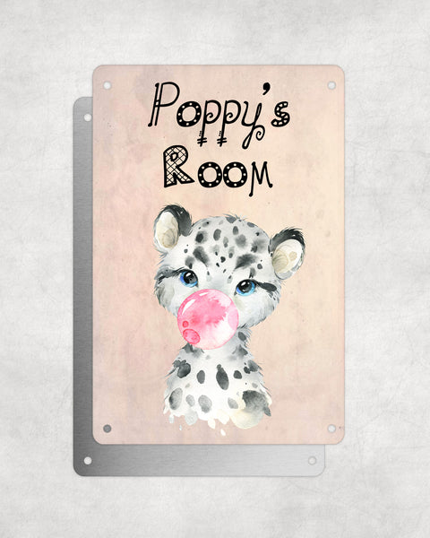Cute Animal Personalised Name Plaque – Baby Leopard With Bubblegum | Vintage-Style Aluminium Sign for Kids’ Room