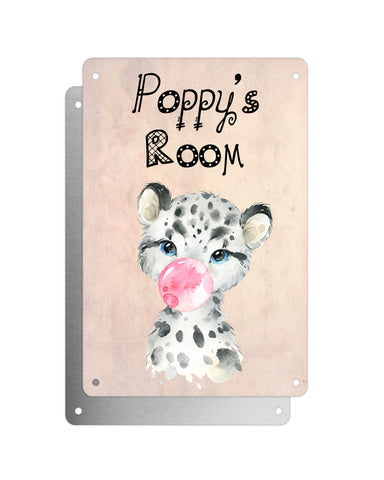Cute Animal Personalised Name Plaque – Baby Leopard With Bubblegum | Vintage-Style Aluminium Sign for Kids’ Room
