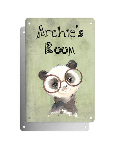 Cute Animal Personalised Name Plaque – Baby Panda With Brown Glasses | Vintage-Style Green Aluminium Sign for Kids’ Room