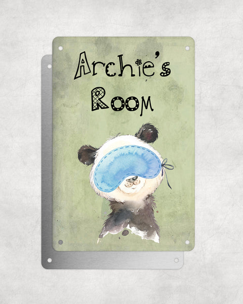 Cute Animal Personalised Name Plaque – Baby Panda With Sleep Mask | Vintage-Style Green Aluminium Sign for Kids’ Room