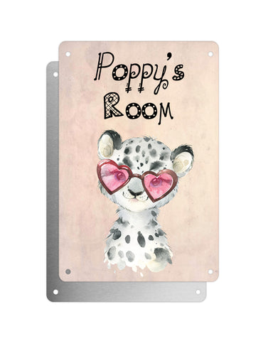 Cute Animal Personalised Name Plaque – Baby Leopard With Heart Sunglasses | Vintage-Style Aluminium Sign for Kids’ Room