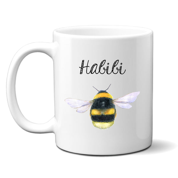 Habibi, Sentimental Wedding Birthday Gift with Watercolour Bee Design, Arabic Personalised Mug