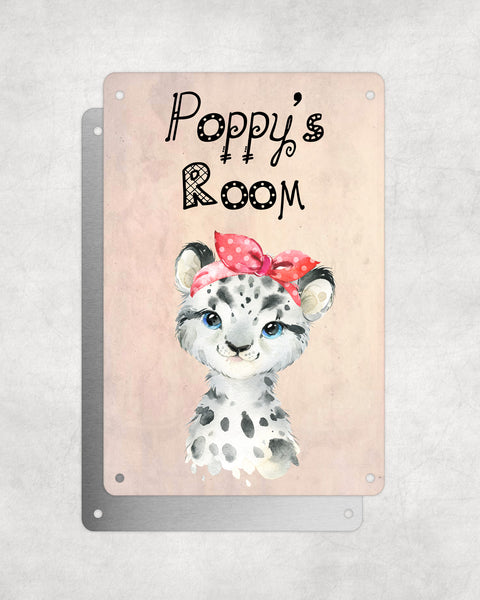 Cute Animal Personalised Name Plaque – Baby Leopard With Head Tie | Vintage-Style Aluminium Sign for Kids’ Room