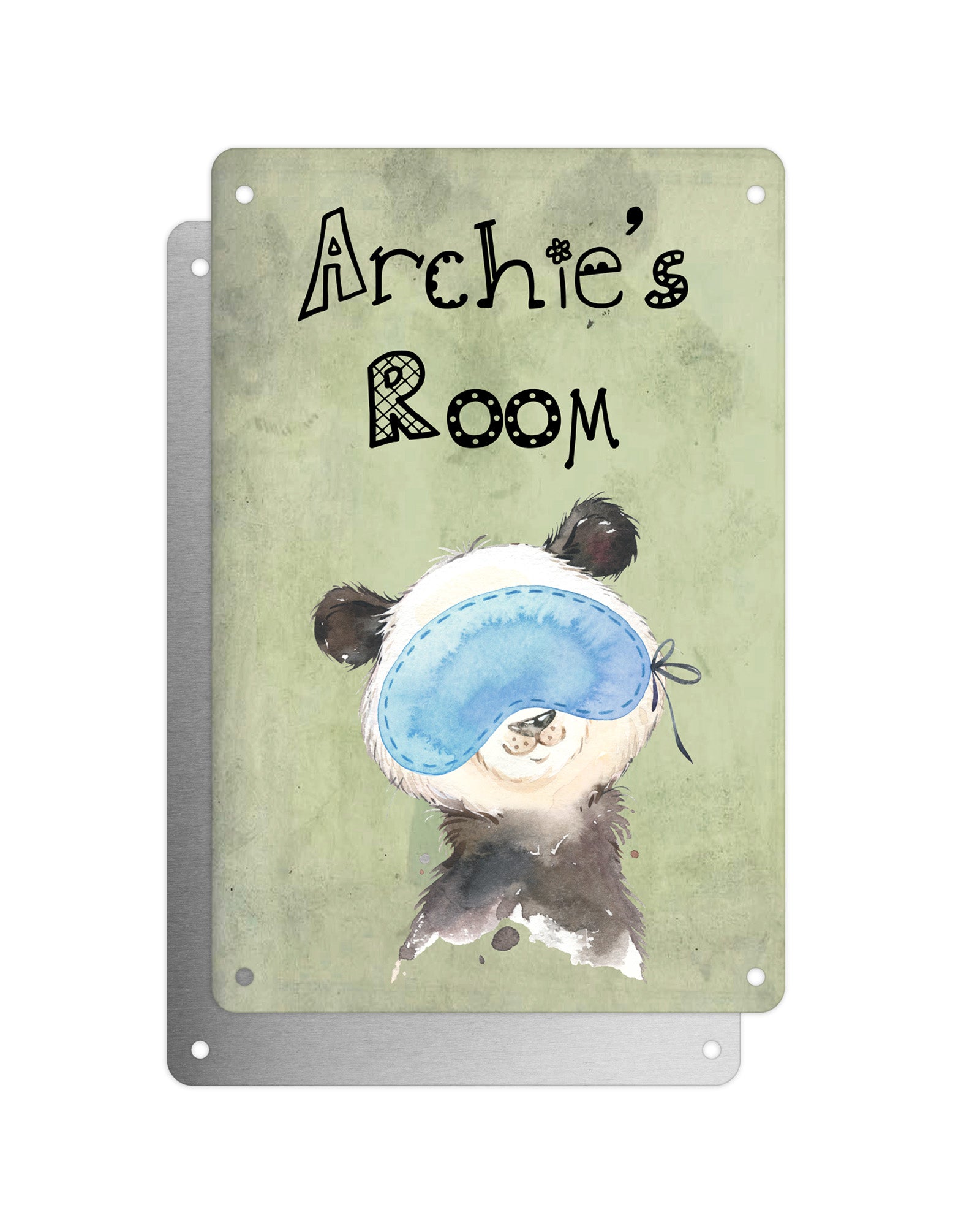 Cute Animal Personalised Name Plaque – Baby Panda With Sleep Mask | Vintage-Style Green Aluminium Sign for Kids’ Room