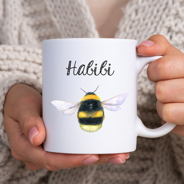 Habibi, Sentimental Wedding Birthday Gift with Watercolour Bee Design, Arabic Personalised Mug