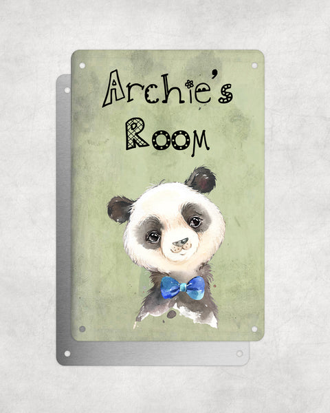 Cute Animal Personalised Name Plaque – Baby Panda With Blue Bow Tie | Vintage-Style Green Aluminium Sign for Kids’ Room