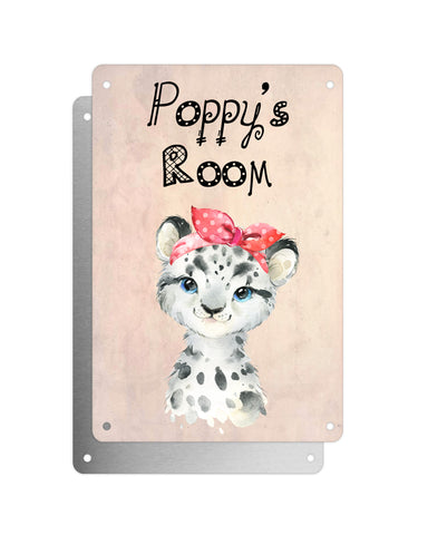 Cute Animal Personalised Name Plaque – Baby Leopard With Head Tie | Vintage-Style Aluminium Sign for Kids’ Room