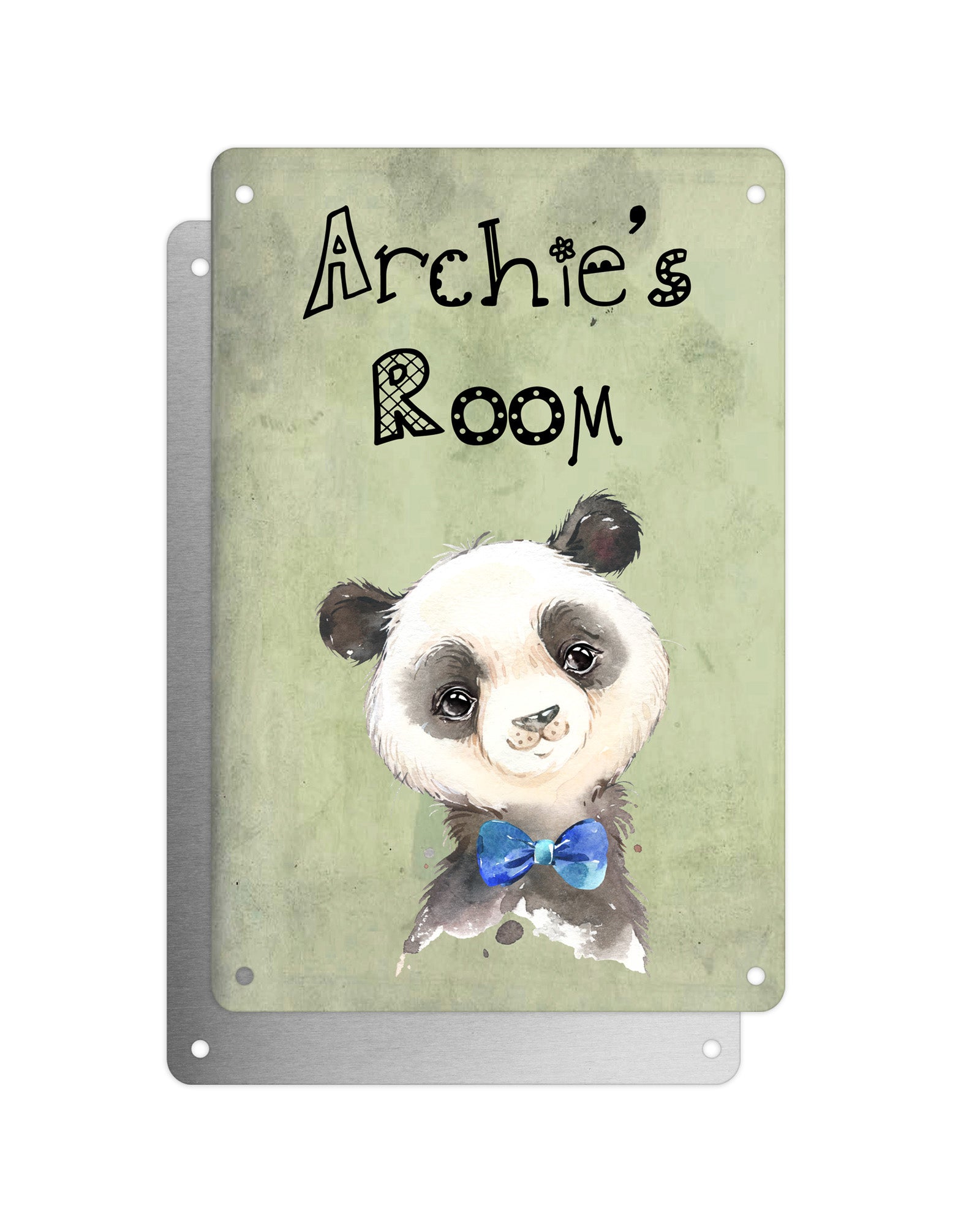 Cute Animal Personalised Name Plaque – Baby Panda With Blue Bow Tie | Vintage-Style Green Aluminium Sign for Kids’ Room
