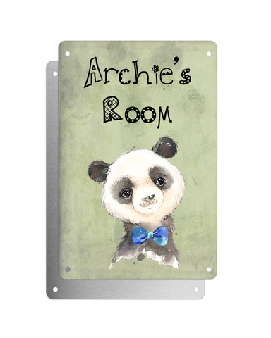 Cute Animal Personalised Name Plaque – Baby Panda With Blue Bow Tie | Vintage-Style Green Aluminium Sign for Kids’ Room