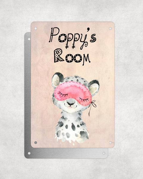 Cute Animal Personalised Name Plaque – Baby Leopard With Sleep Mask | Vintage-Style Aluminium Sign for Kids’ Room