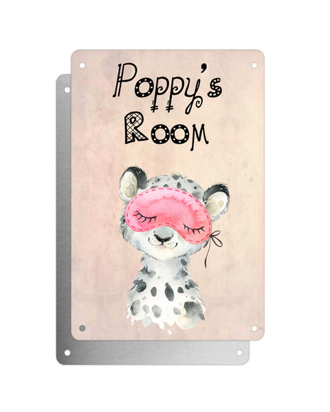 Cute Animal Personalised Name Plaque – Baby Leopard With Sleep Mask | Vintage-Style Aluminium Sign for Kids’ Room