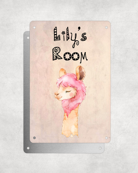 Cute Animal Personalised Name Plaque – Funny Llama Pink Hair | Vintage-Style Aluminium Sign for Kids’ Room