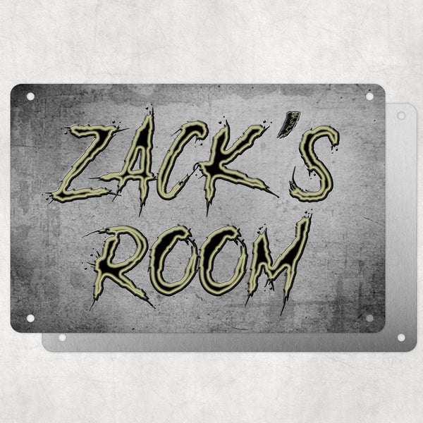 Boys Personalised Bedroom Name Plaque – Aluminium Metal Sign | Grungy Slash Font | Gift for Him