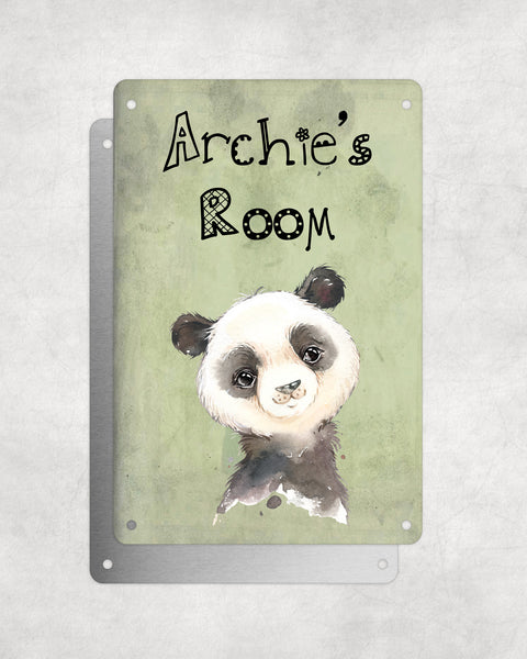 Cute Animal Personalised Name Plaque – Baby Panda | Vintage-Style Green Aluminium Sign for Kids’ Room