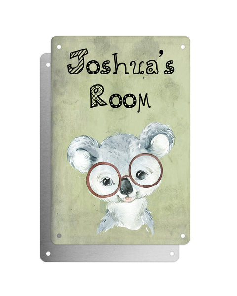 Cute Animal Personalised Name Plaque – Baby Koala With Brown Glasses | Vintage-Style Green Aluminium Sign for Kids’ Room