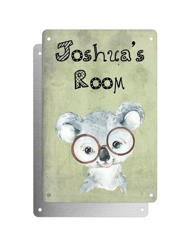 Cute Animal Personalised Name Plaque – Baby Koala With Brown Glasses | Vintage-Style Green Aluminium Sign for Kids’ Room