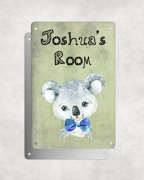 Cute Animal Personalised Name Plaque – Baby Koala With Blue Bow Tie | Vintage-Style Green Aluminium Sign for Kids’ Room