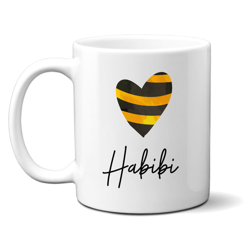 Habibi, Sentimental Wedding Birthday Gift with Black & Yellow Heart Design, Arabic Personalised Mug