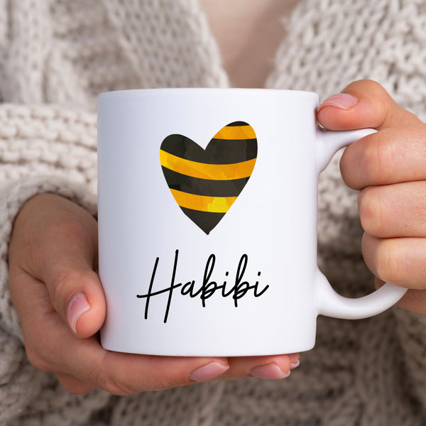 Habibi, Sentimental Wedding Birthday Gift with Black & Yellow Heart Design, Arabic Personalised Mug