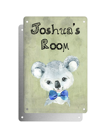 Cute Animal Personalised Name Plaque – Baby Koala With Blue Bow Tie | Vintage-Style Green Aluminium Sign for Kids’ Room