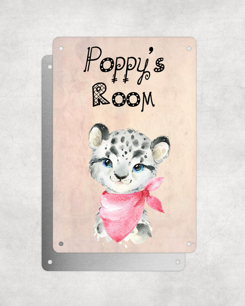Cute Animal Personalised Name Plaque – Baby Leopard With Pink Neck Tie | Vintage-Style Aluminium Sign for Kids’ Room