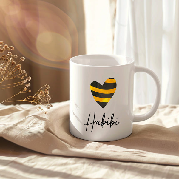 Habibi, Sentimental Wedding Birthday Gift with Black & Yellow Heart Design, Arabic Personalised Mug