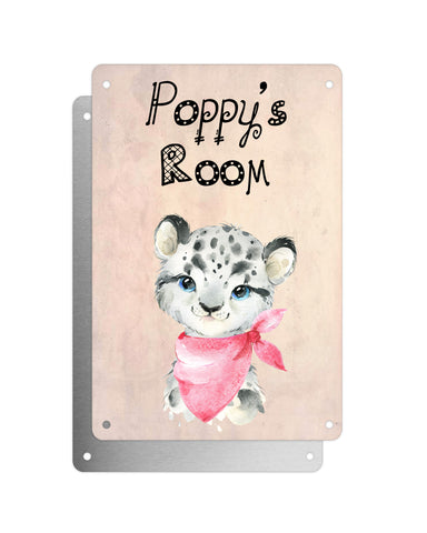 Cute Animal Personalised Name Plaque – Baby Leopard With Pink Neck Tie | Vintage-Style Aluminium Sign for Kids’ Room